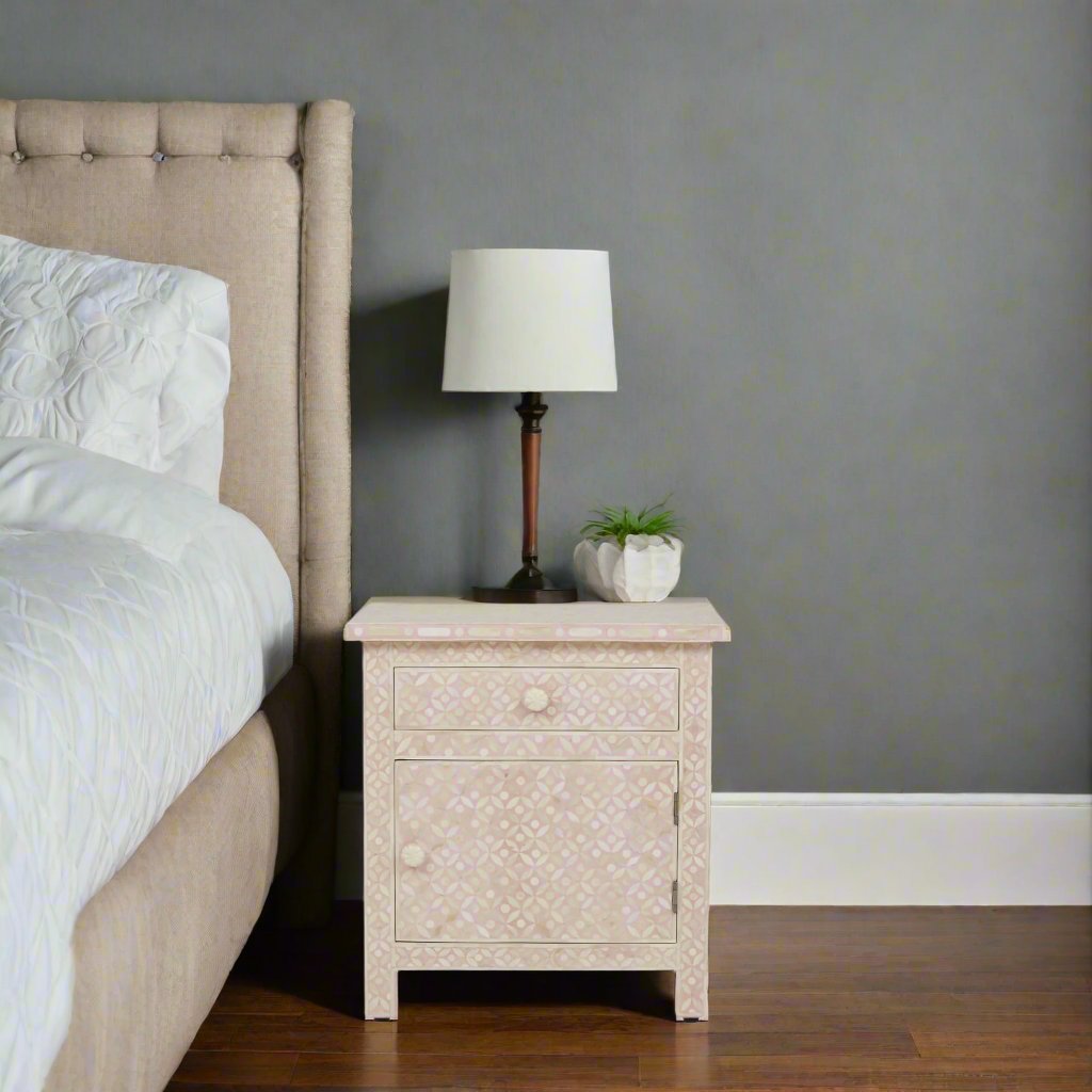 Bone Inlay Geometric Bedside 1 Drawer 1 Door Blush Pink