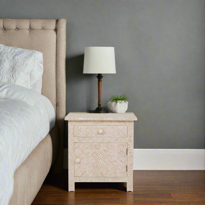 Bone Inlay Geometric Bedside 1 Drawer 1 Door Blush Pink