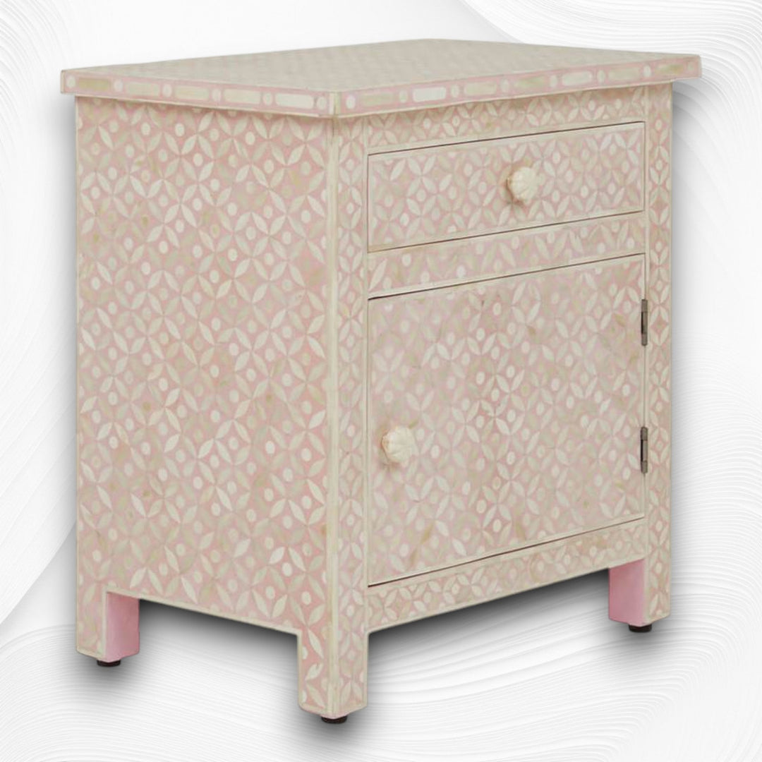 Bone Inlay Geometric Bedside 1 Drawer 1 Door Blush Pink