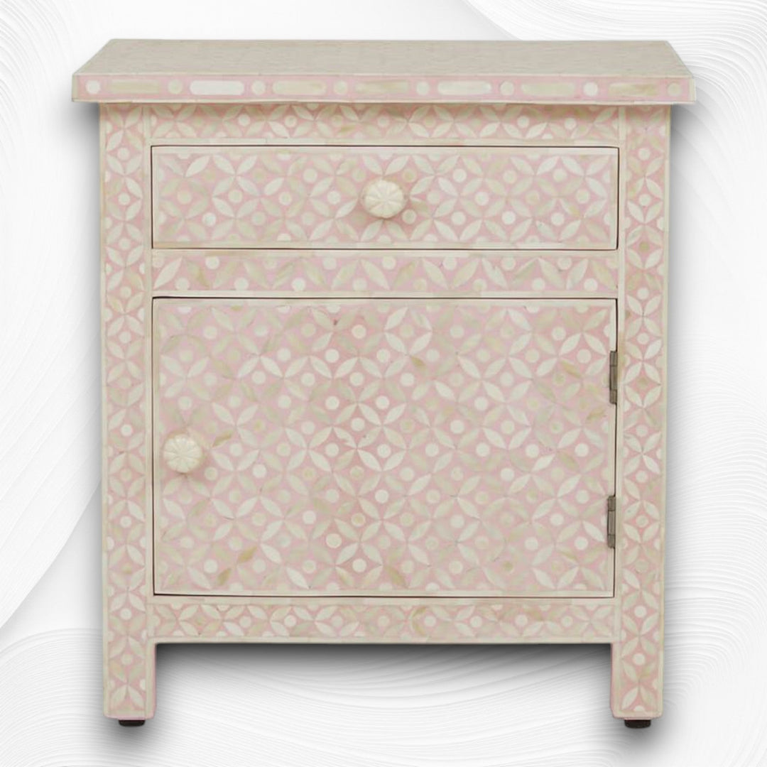 Bone Inlay Geometric Bedside 1 Drawer 1 Door Blush Pink