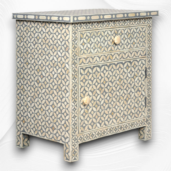 Bone Inlay Geometric Bedside 1 Drawer 1 Door Grey