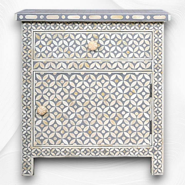Bone Inlay Geometric Bedside 1 Drawer 1 Door Grey