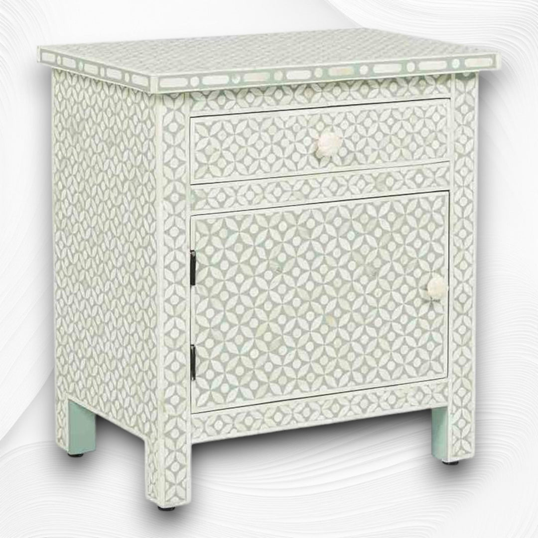 Bone Inlay Geometric Bedside 1 Drawer 1 Door Sage