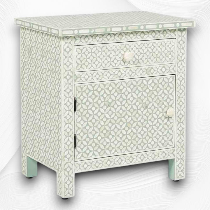 Bone Inlay Geometric Bedside 1 Drawer 1 Door Sage