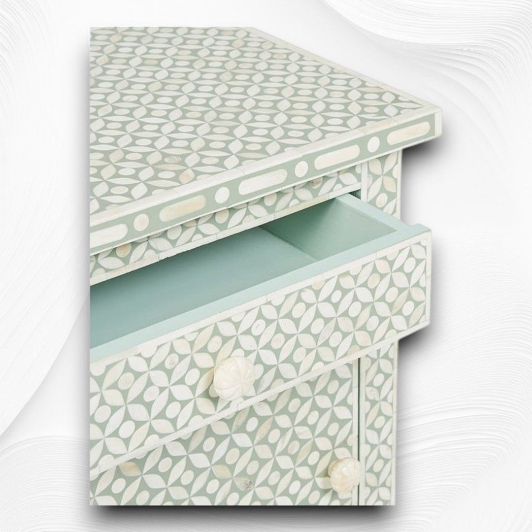 Bone Inlay Geometric Bedside 1 Drawer 1 Door Sage