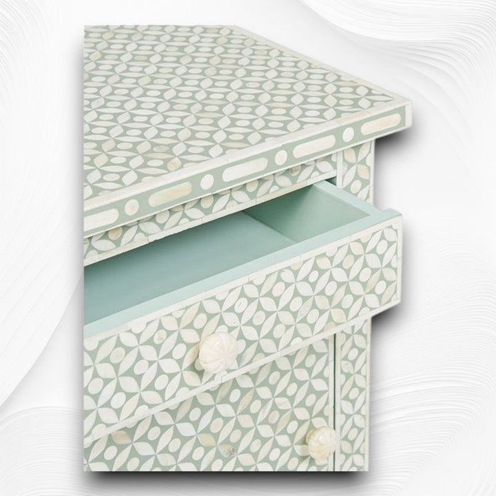 Bone Inlay Geometric Bedside 1 Drawer 1 Door Sage
