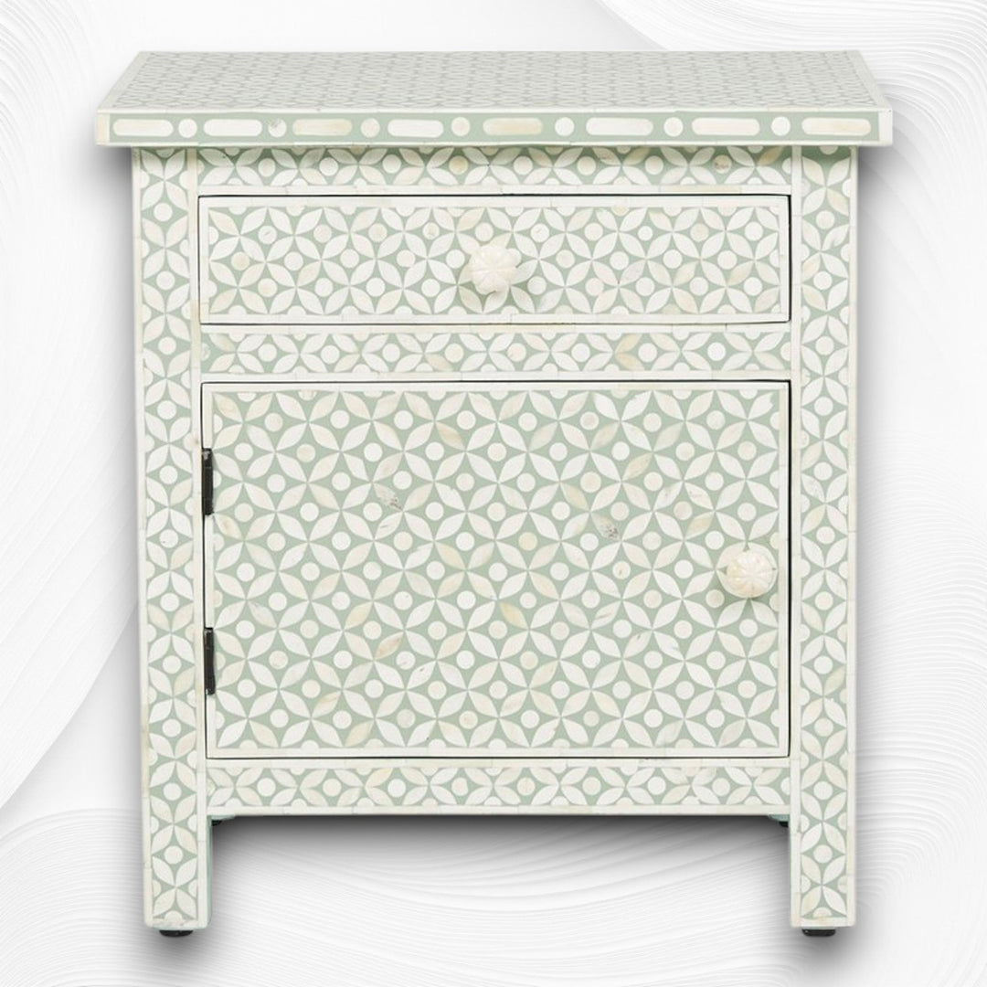 Bone Inlay Geometric Bedside 1 Drawer 1 Door Sage