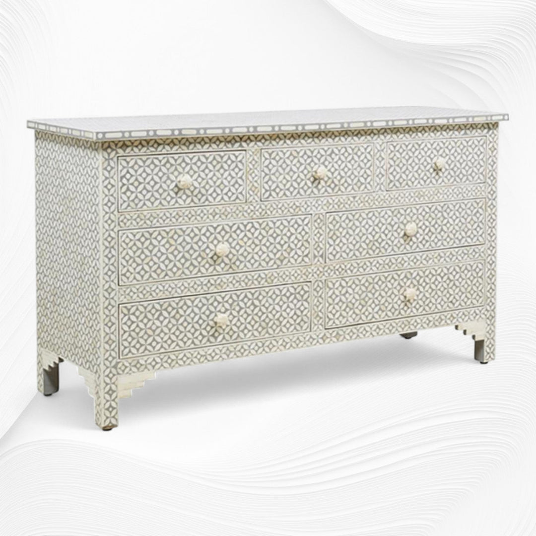 Bone Inlay Eye Design Chest of 7 Drawers Grey