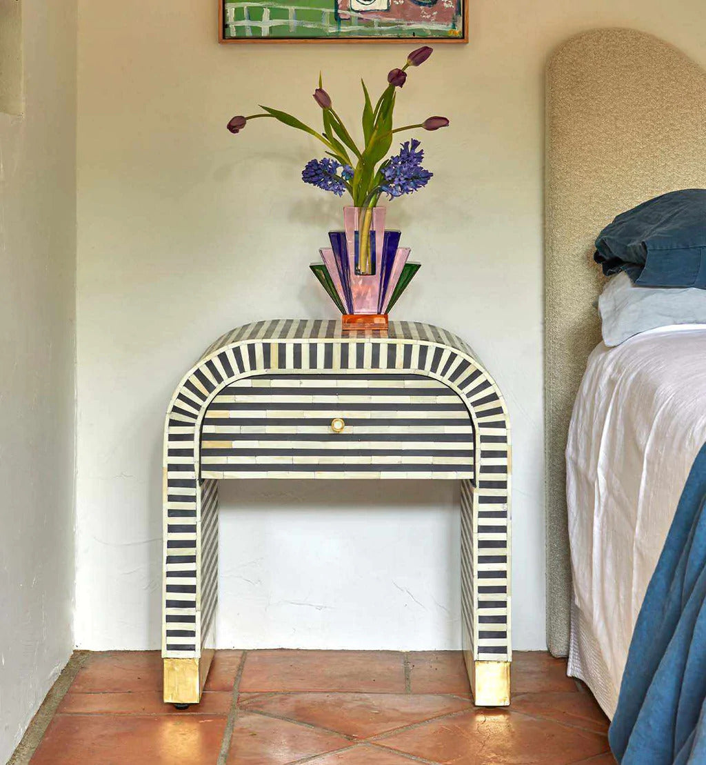 Waterfall Bone Inlay Bedside Table Black & White