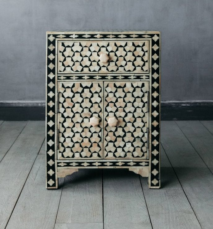 Black Bone Inlay Targua 1 Drawer 2 Door Bedside Table