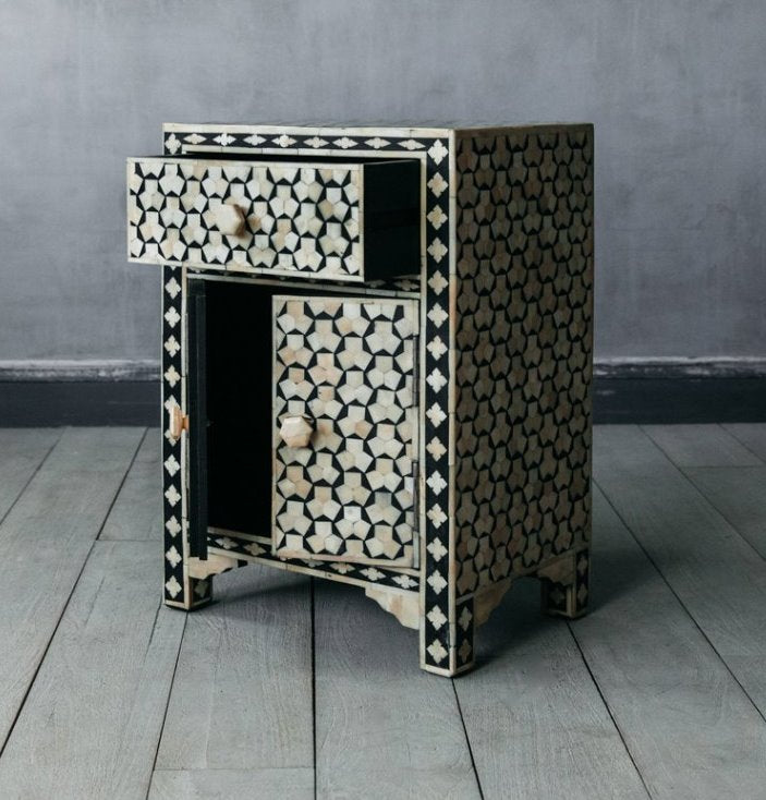 Black Bone Inlay Targua 1 Drawer 2 Door Bedside Table