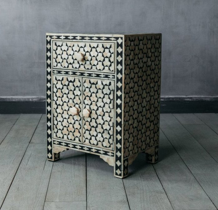 Black Bone Inlay Targua 1 Drawer 2 Door Bedside Table