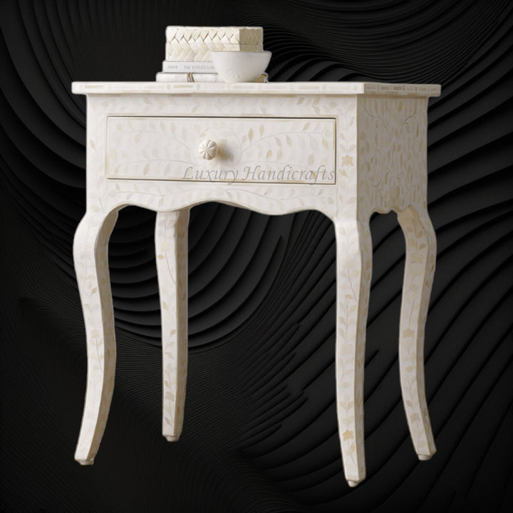 Bone Curved 1 Drawer Nightstand White | Large Bedside Tables