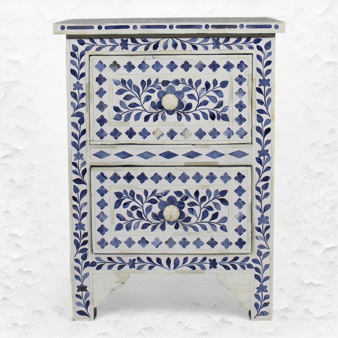 Ella Colored Bone Inlay Floral Bedside Navy Blue Table