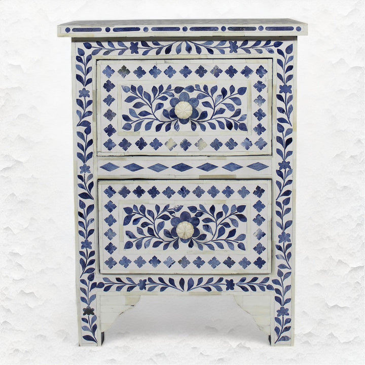 Ella Colored Bone Inlay Floral Bedside Navy Blue Table