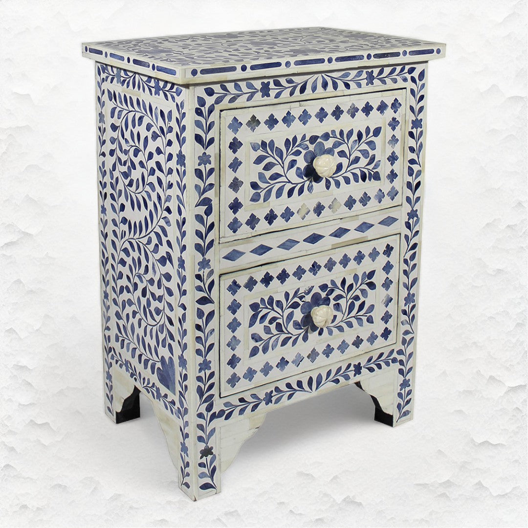 Ella Colored Bone Inlay Floral Bedside Navy Blue Table