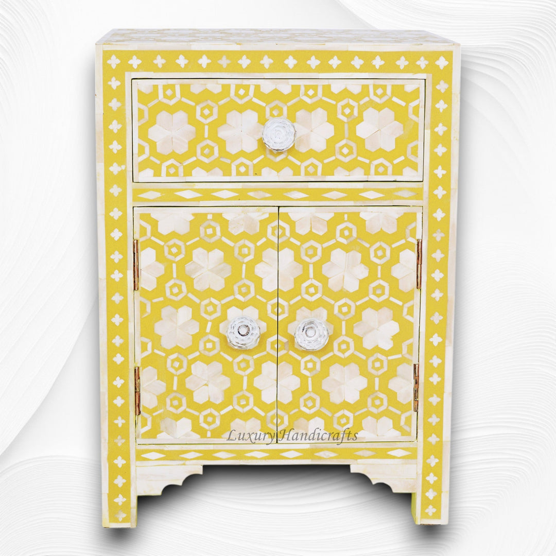 Flower Bone Inlay 1 Drawer 2 Door Bedside Table Yellow