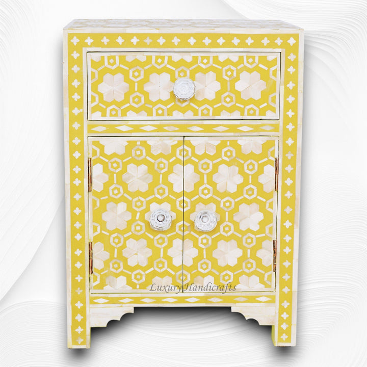 Flower Bone Inlay 1 Drawer 2 Door Bedside Table Yellow