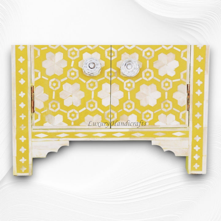 Flower Bone Inlay 1 Drawer 2 Door Bedside Table Yellow