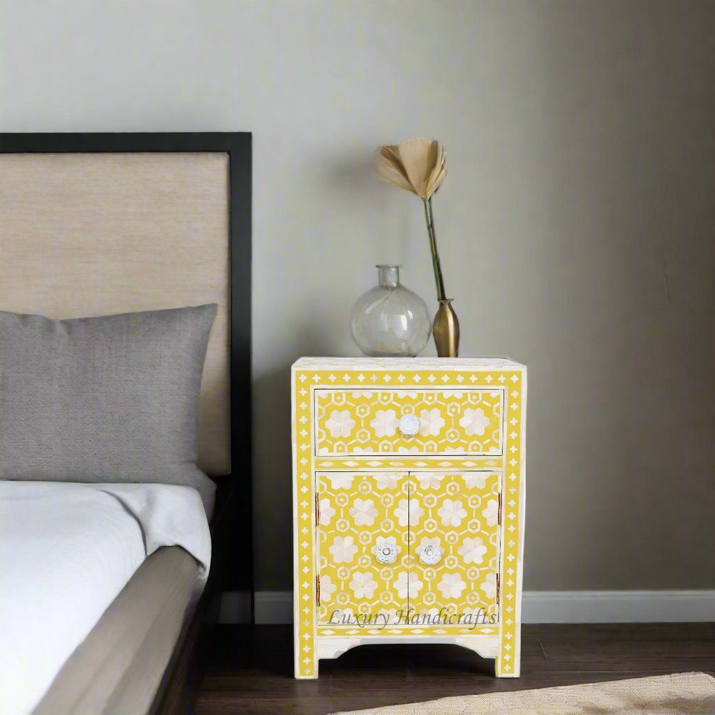 Flower Bone Inlay 1 Drawer 2 Door Bedside Table Yellow