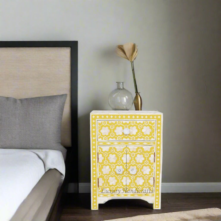 Flower Bone Inlay 1 Drawer 2 Door Bedside Table Yellow