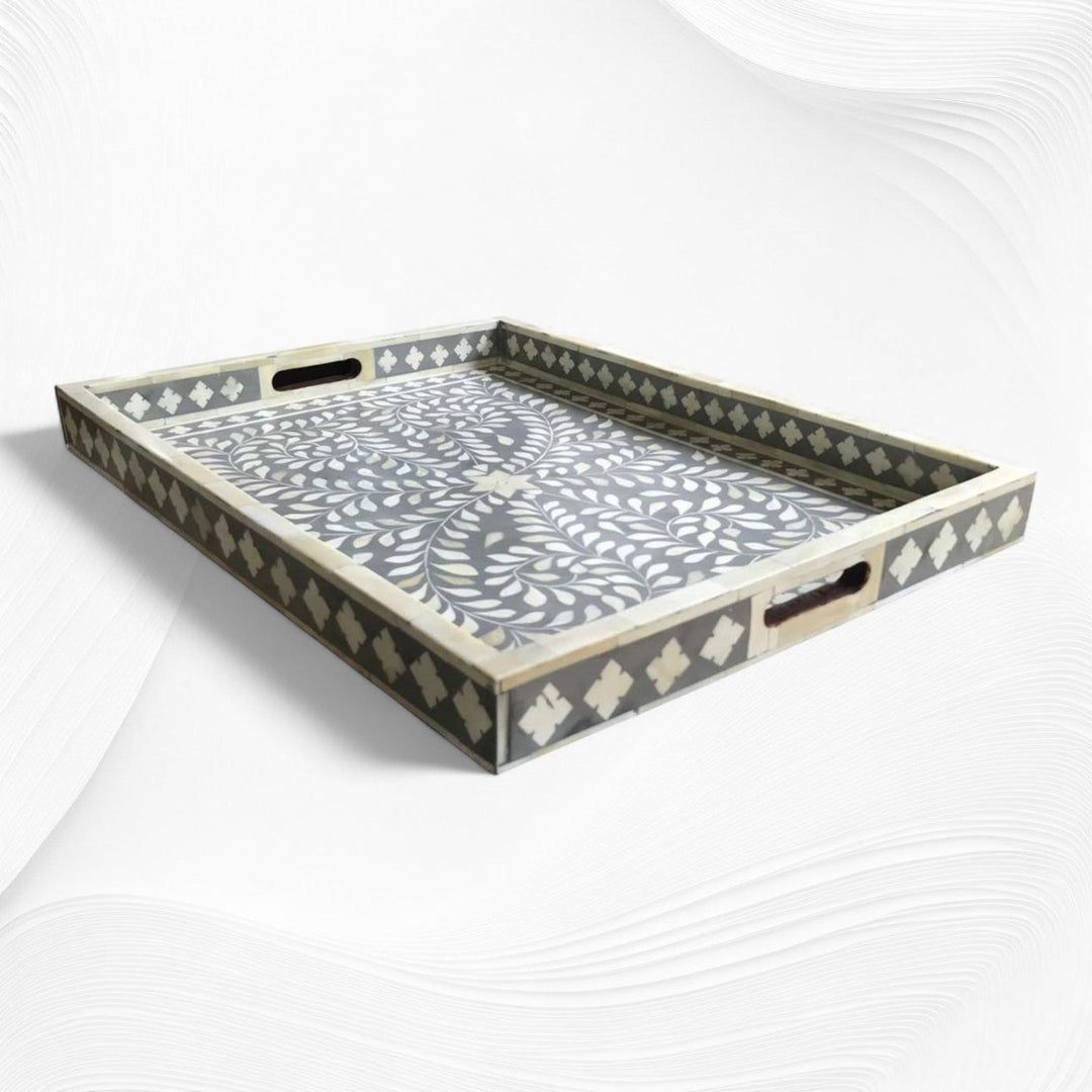 Grey Bone Inlaid Rectangular Tray Floral Design | Wood Inlay Tray