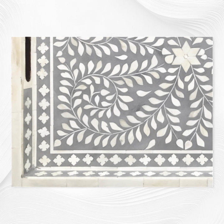 Grey Bone Inlaid Rectangular Tray Floral Design | Wood Inlay Tray