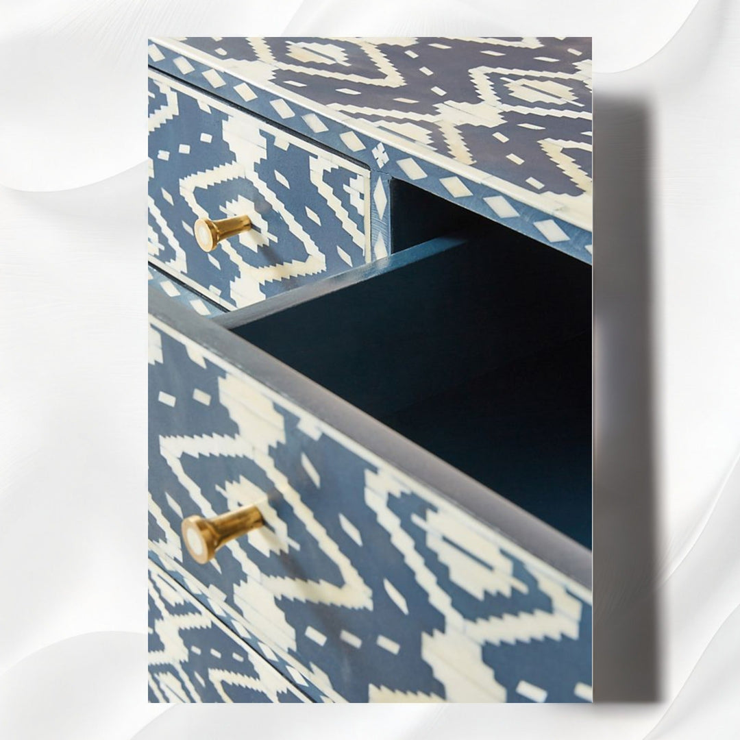 Ikat Bone Inlay 6 Drawers Chest Indigo Blue