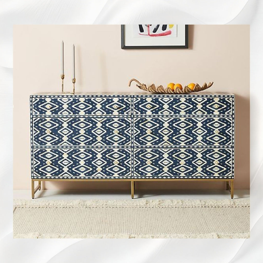 Ikat Bone Inlay 6 Drawers Chest Indigo Blue