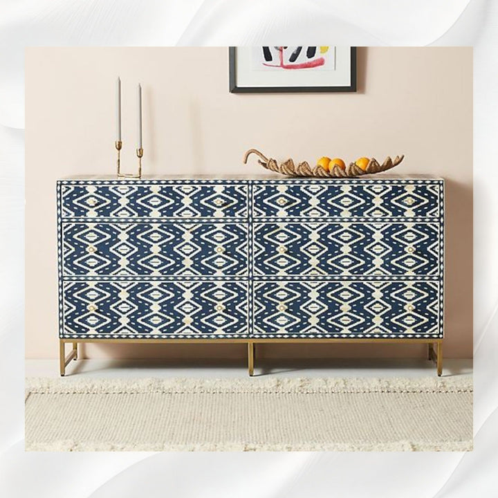 Ikat Bone Inlay 6 Drawers Chest Indigo Blue