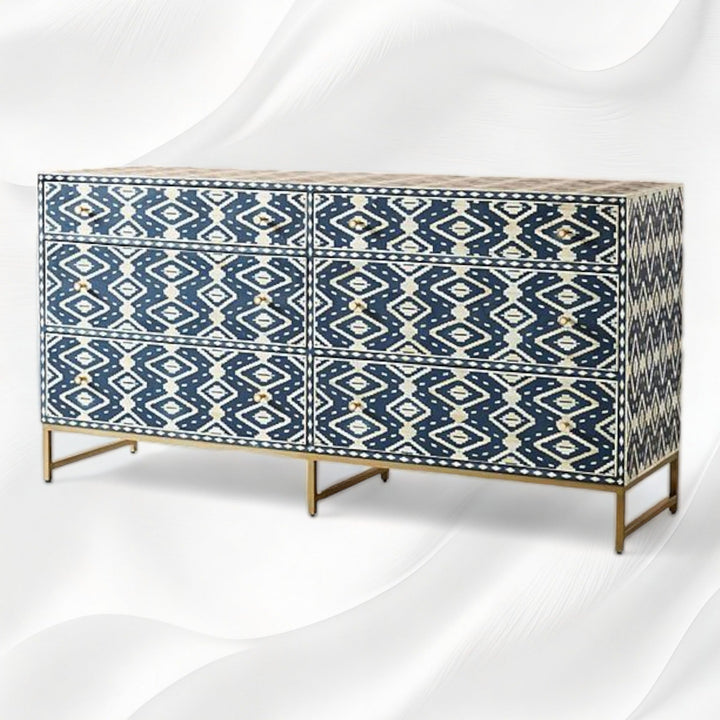 Ikat Bone Inlay 6 Drawers Chest Indigo Blue