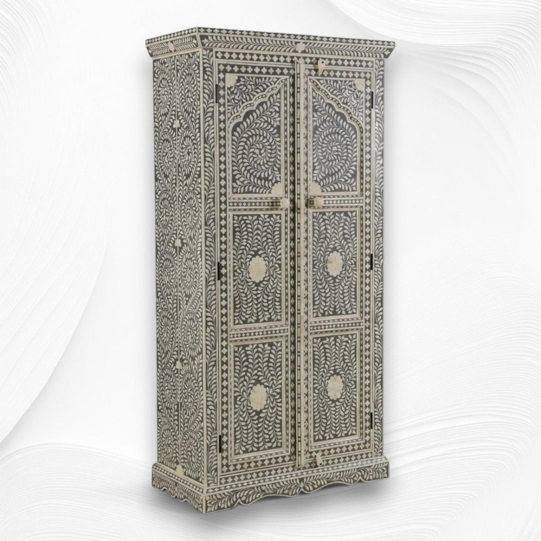 Jharokha Bone Inlay Floral Almirah Grey