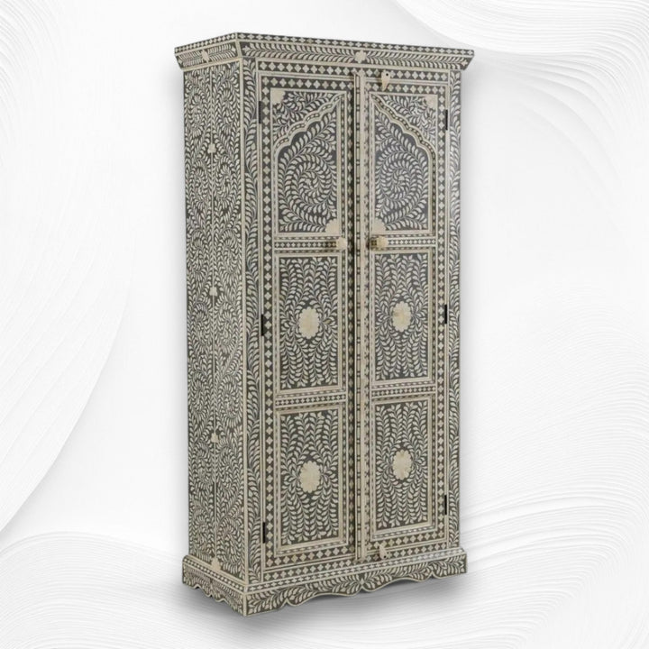 Jharokha Bone Inlay Floral Almirah Grey