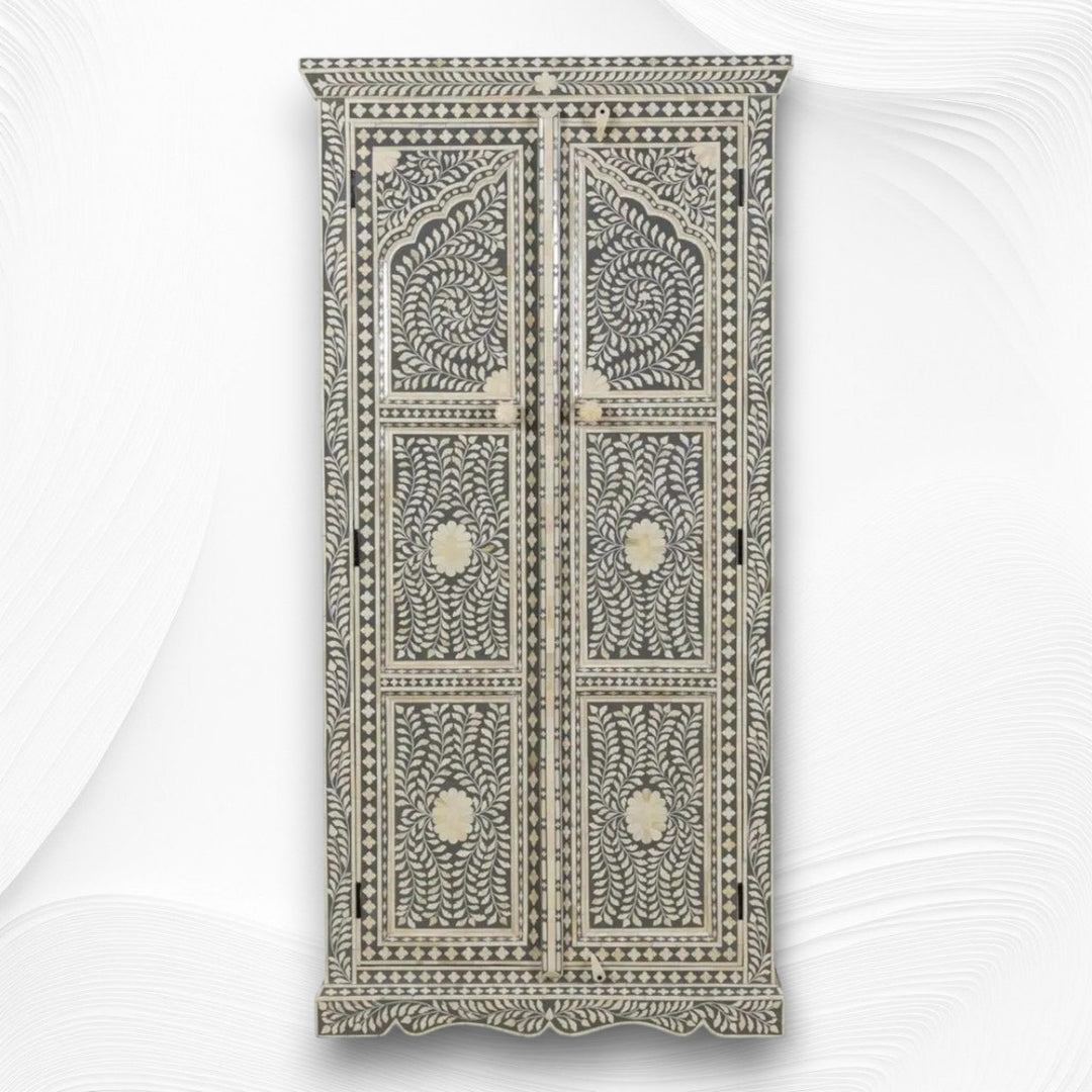 Jharokha Bone Inlay Floral Almirah Grey