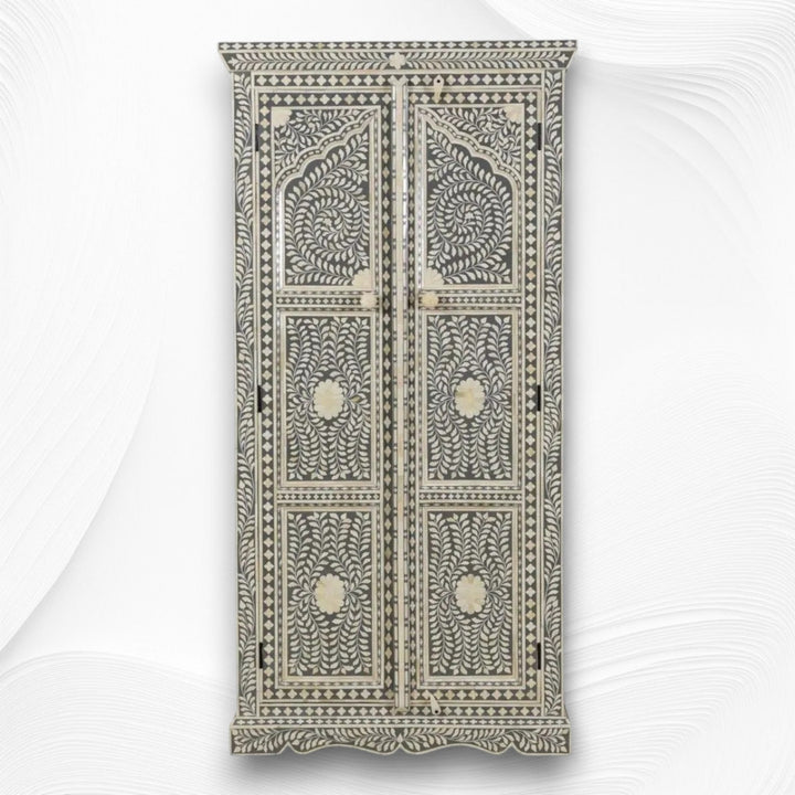 Jharokha Bone Inlay Floral Almirah Grey