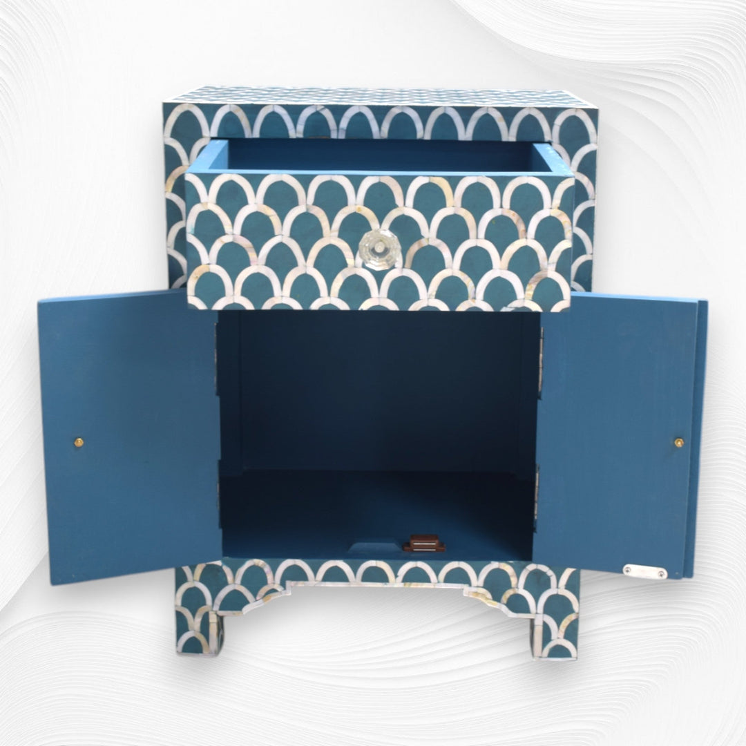 MOP Inlay 1 Drawer 2 Door Fishscale Design Bedside Teal Green