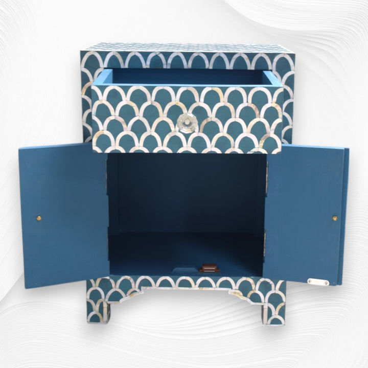 MOP Inlay 1 Drawer 2 Door Fishscale Design Bedside Teal Green