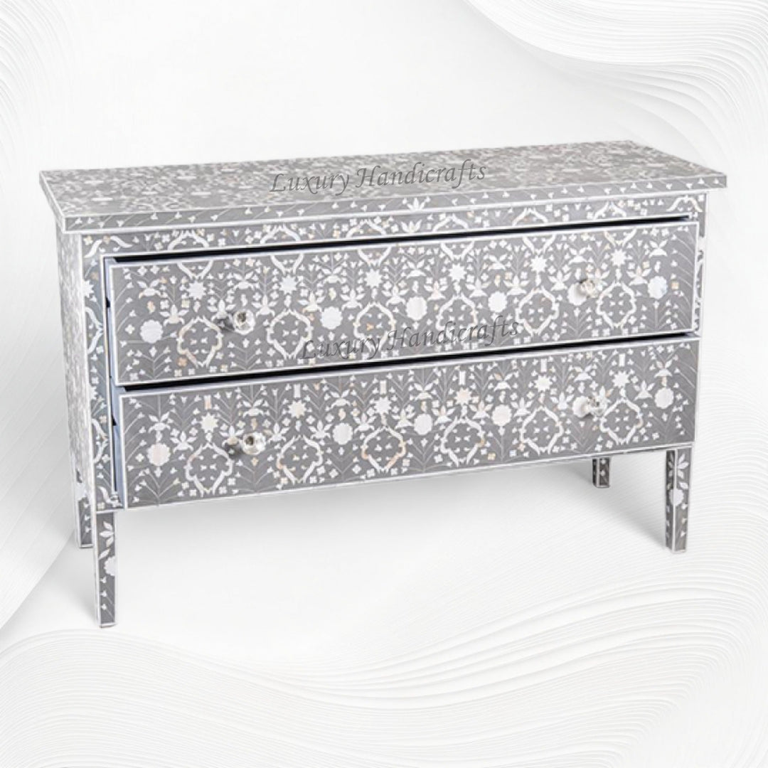 Moghul Flower MOP Inlay 2 Drawer Chest Grey