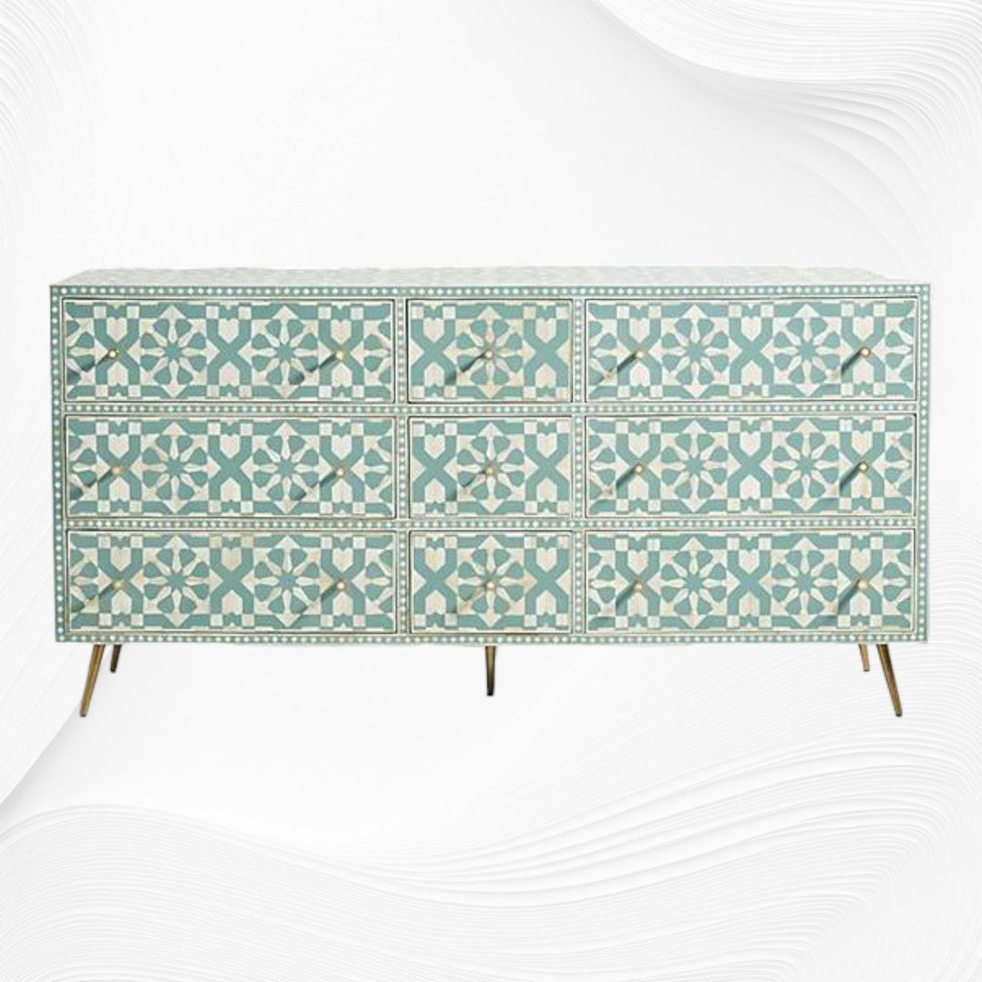 Bone Inlay Moroccan 9 Drawer Chest Green