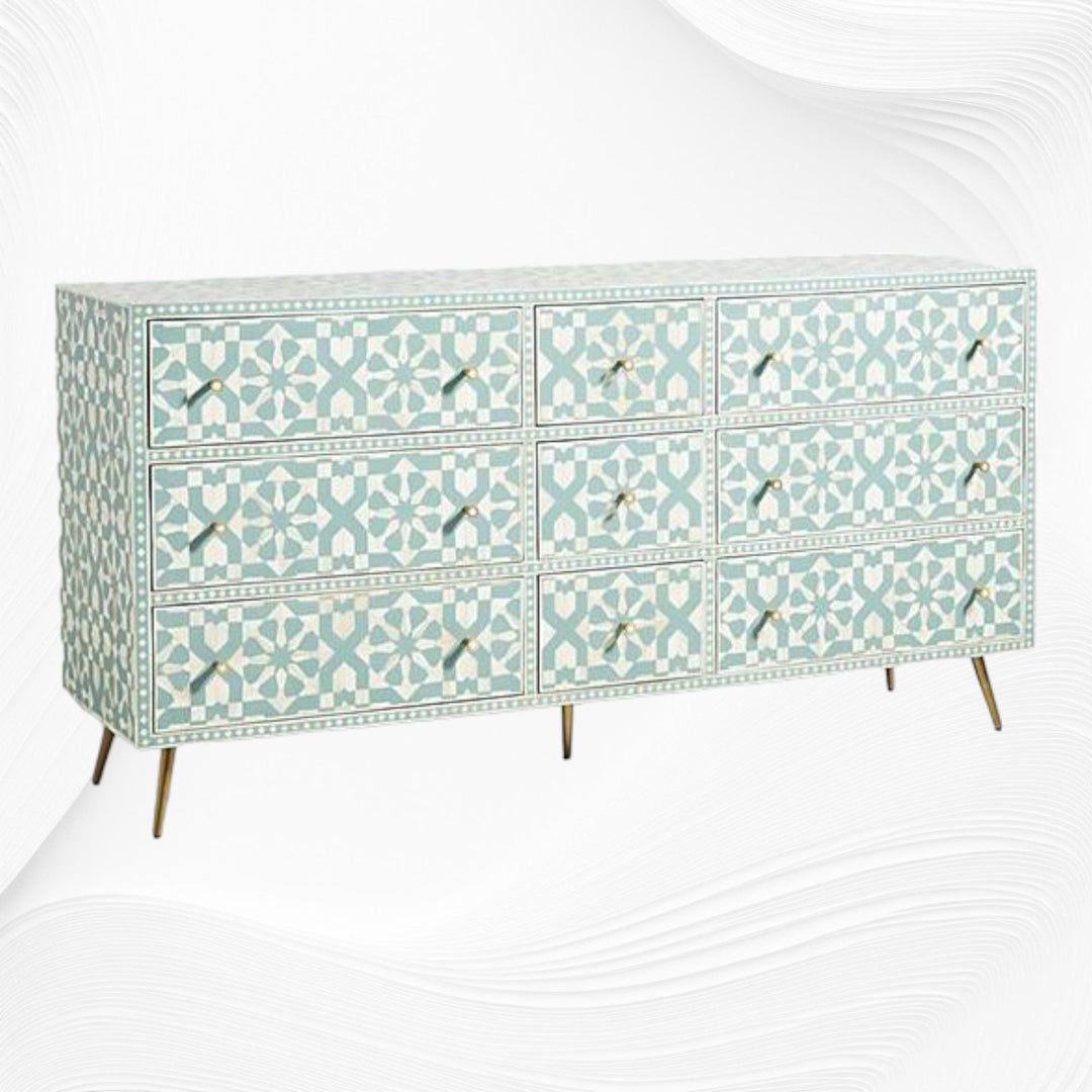 Bone Inlay Moroccan 9 Drawer Chest Green