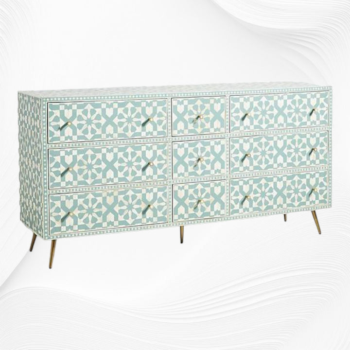 Bone Inlay Moroccan 9 Drawer Chest Green