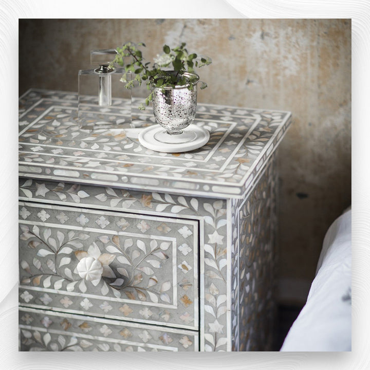 Mother Of Pearl Inlay Floral 2 Drawer Bedside Light Grey