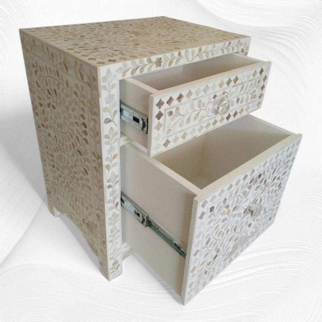 Mother Of Pearl Floral Inlay Large Drawer Bedside White