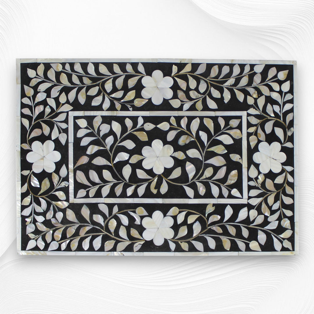 Mother Of Pearl Inlay Floral 2 Drawer Bedside Black
