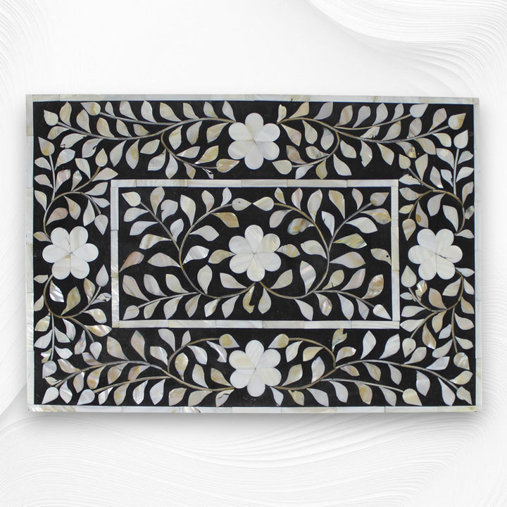 Mother Of Pearl Inlay Floral 2 Drawer Bedside Black