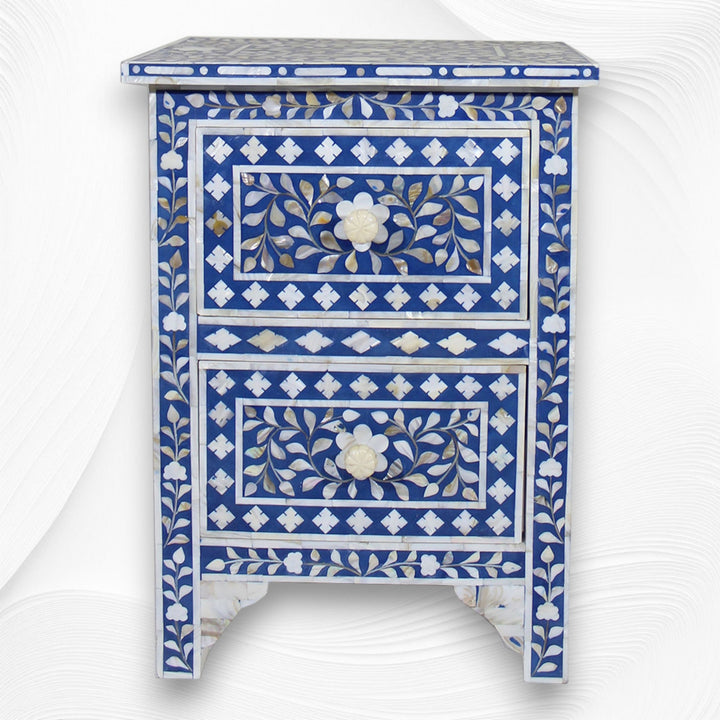 Mother Of Pearl Inlay Floral 2 Drawer Bedside Blue