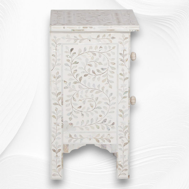 Mother of Pearl Inlay Floral 2 Drawer Bedside White