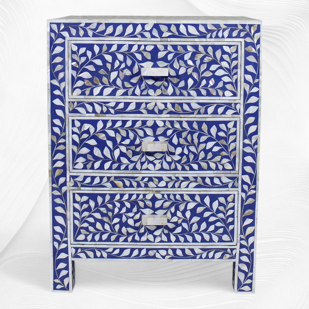 Mother Of Pearl Inlay Floral 3 Drawer Bedside Blue