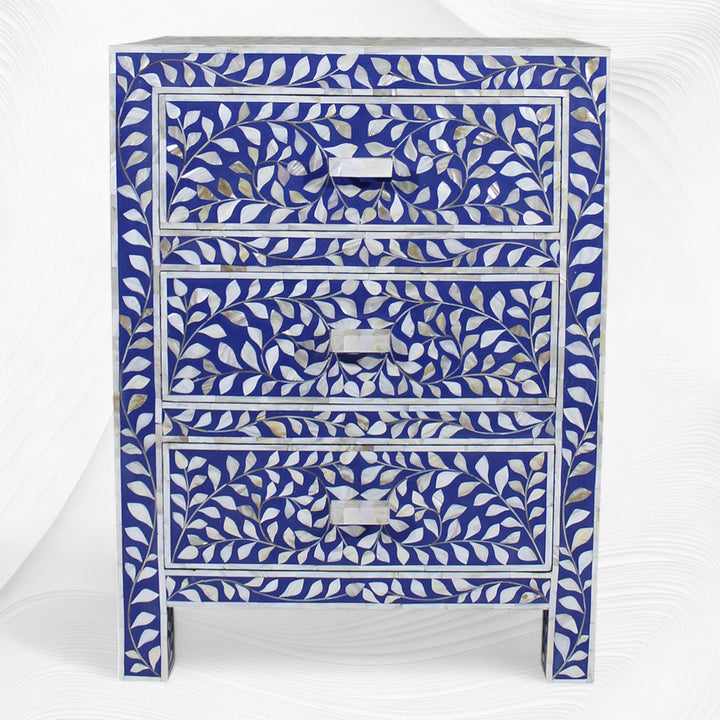 Mother Of Pearl Inlay Floral 3 Drawer Bedside Blue