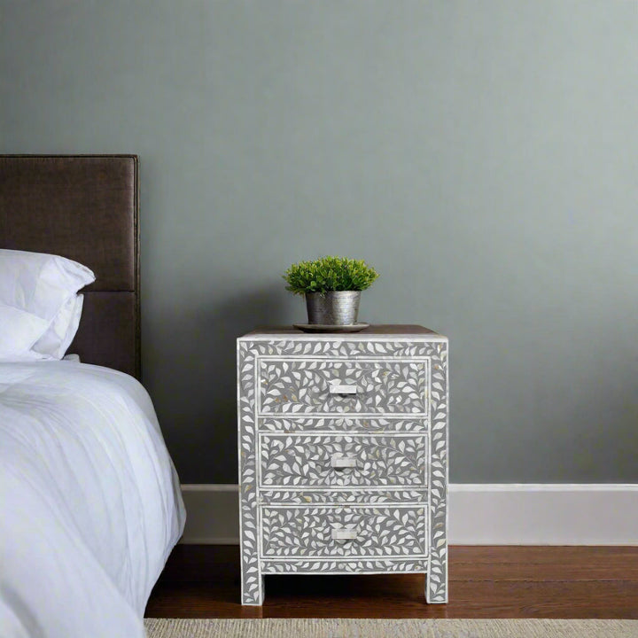Mother Of Pearl Inlay Floral 3 Drawer Bedside Grey